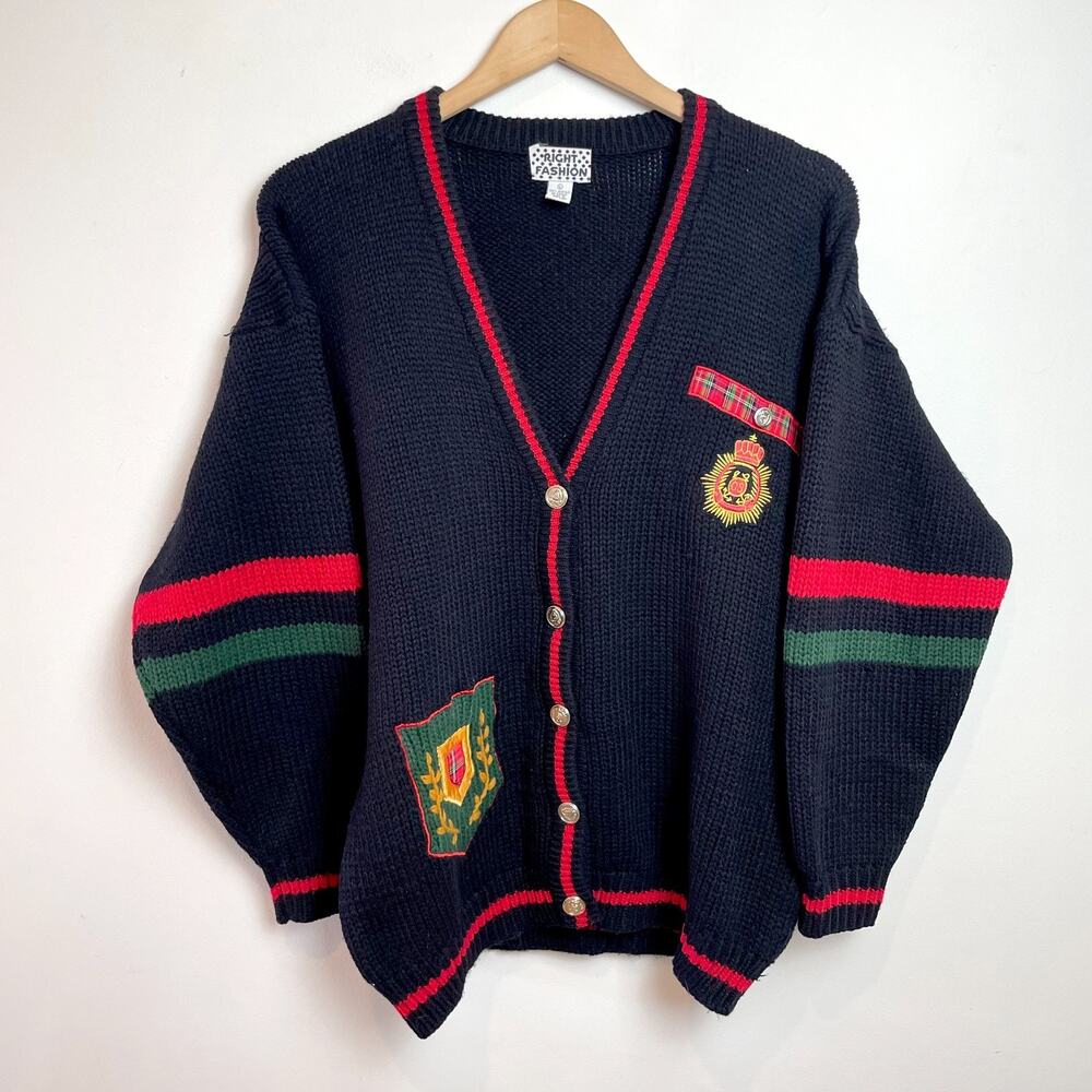 Vintage 80s 90s Preppy Cardigan Sweater Large Black Crest Tartan Academia Stripe